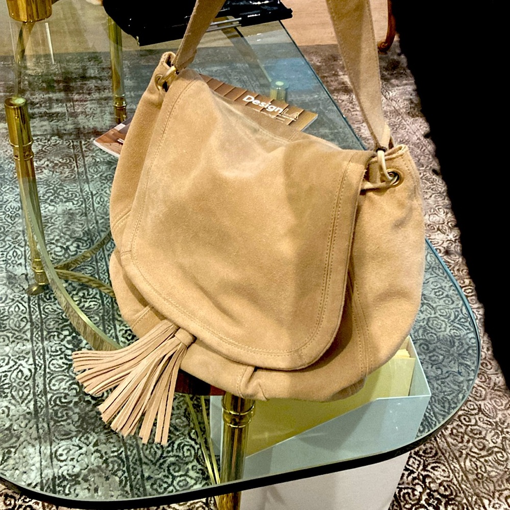 Suede drawstring bag with flap magnet closure. Talbots large boho style.
